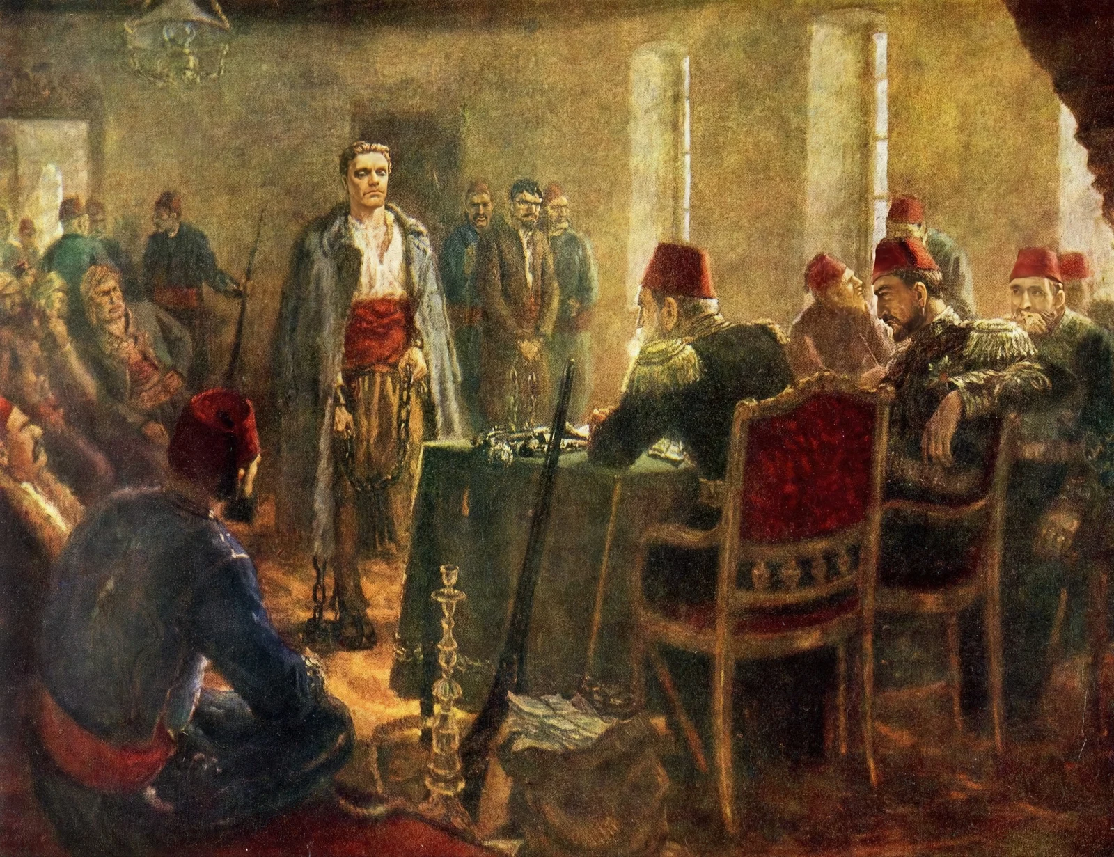 Painting depicting the trial of Vasil Levski before Ottoman authorities in Sofia