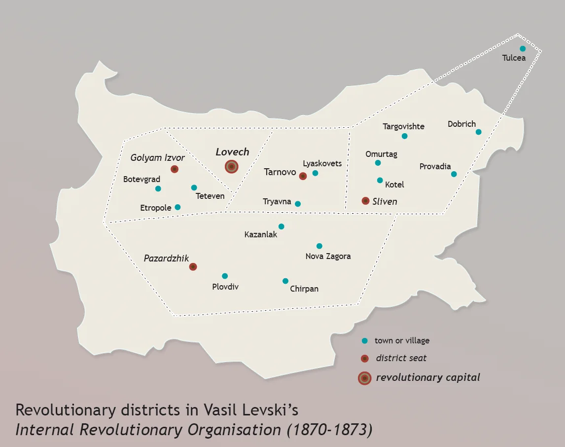 Map showing the revolutionary districts established by Vasil Levski across Bulgarian lands